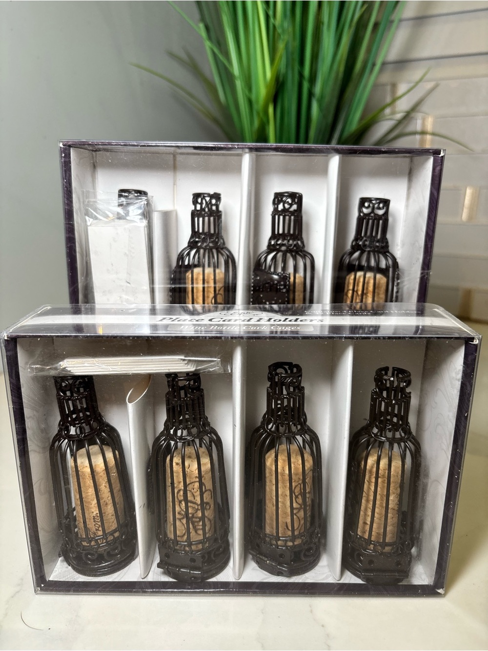 Charming Pair of Epic Products Wine Bottle Cork Cage Place Card Holders NIB